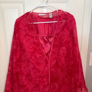 Valerie Stevens Sheer Floral Robe and Camisole in Bright Red